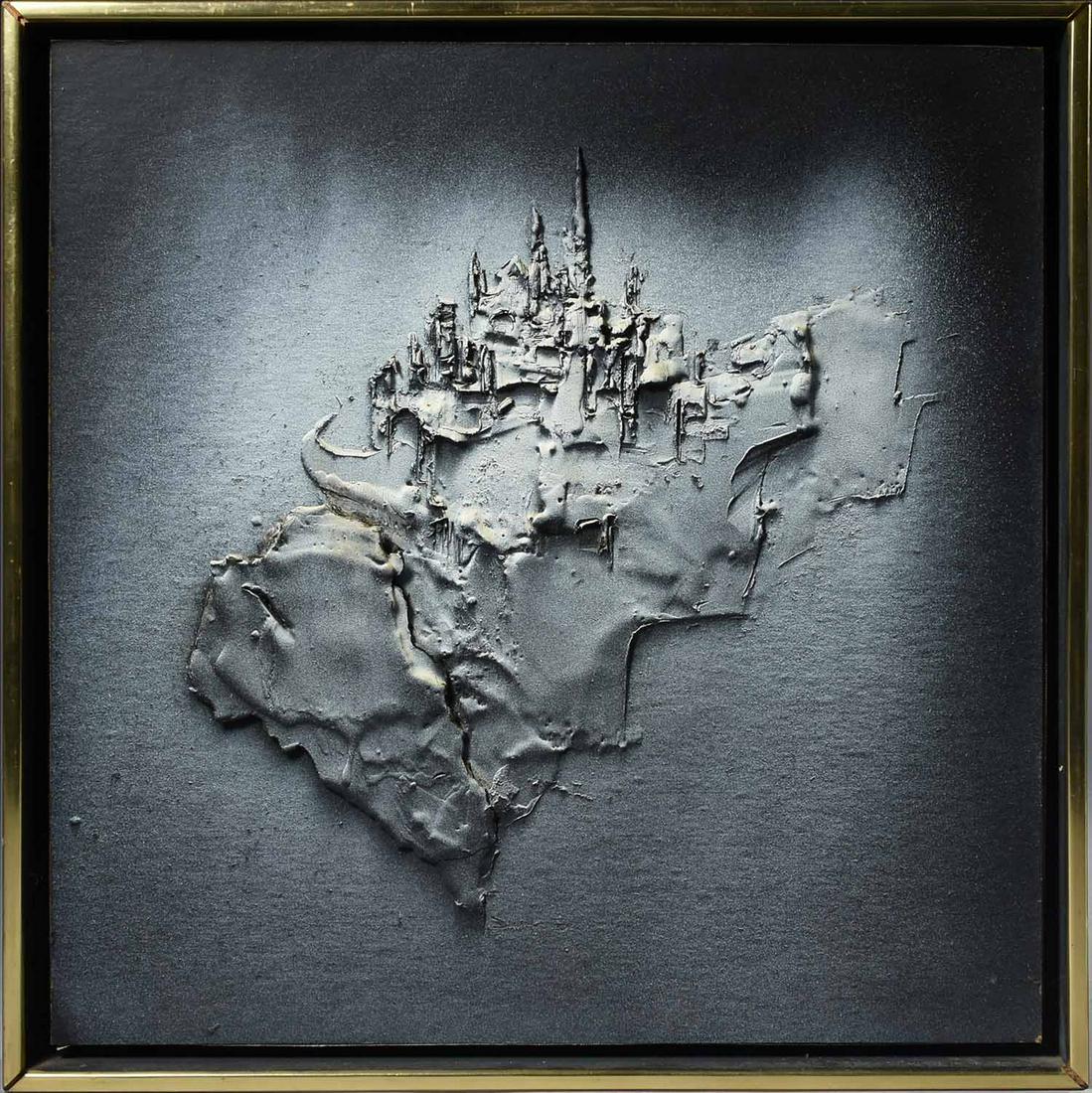 Mid-century mixed-media abstract, Judith Brown: Judith Brown (American, 1932-1992). Mid-century mixed-media abstract painting on artist board, thick impasto with air-brushed overspray, faintly signed and partial gallery label on back, 14.5" X 14" i