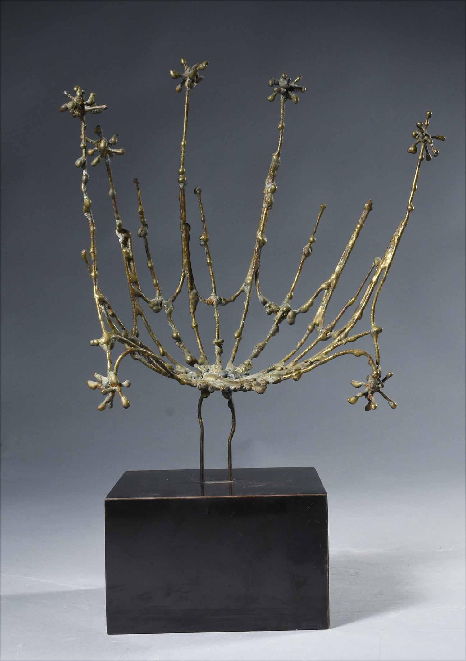 Attributed Judith Brown (NY 1932-1992) abstract bronze: Attributed Judith Brown (NY 1932-1992) abstract bronze sculpture, stylized web form on black plinth, 10.5” X 7.5” (bronze) overall 13.75” H.