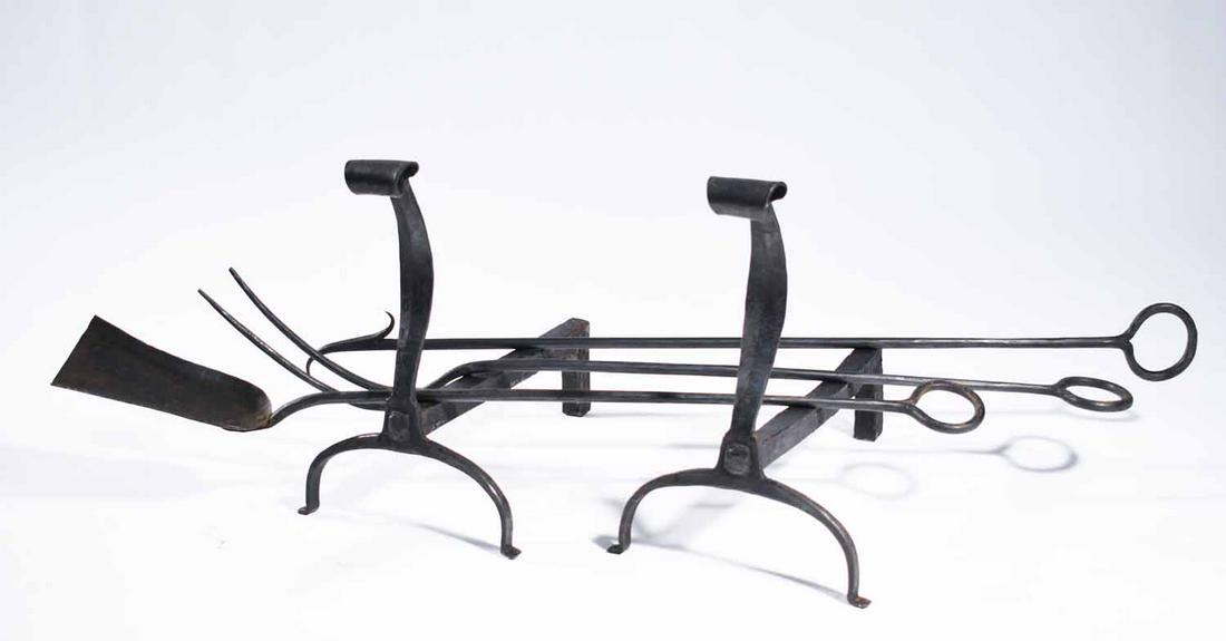 Artisan made hand wrought andirons by Robert Bourdon of: Lovely artisan made hand wrought andirons by Robert Bourdon of Wolcott, VT with matching tools, andirons initialed R.B., 14.75” H X 14.5” D (andirons) tools approx 36” H.