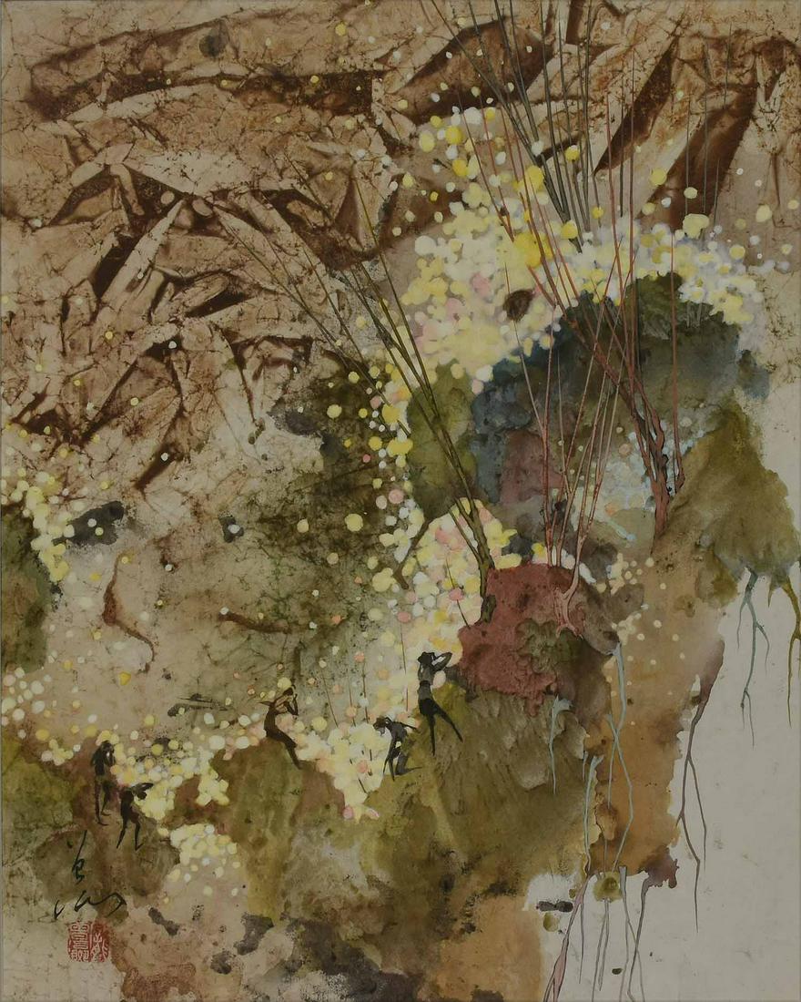 Watercolor on paper , Pang Tseng-Ying (Chin./Amer: Pang Tseng Ying (Chinese, 1916 - 1997). Mountain Rain, 1985. Watercolor on paper, signed l.l. Sight 17 1/2" x 14 1/2", frame 26 3/4" x 23 3/4". Provenance: Purchased directly from the artist and thenc