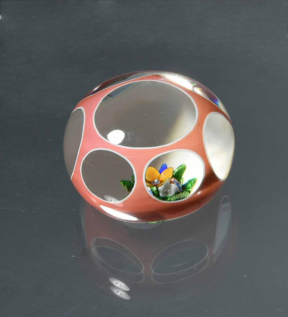 Saint Louis Pink and White Encased Overlay Paperweight: Saint Louis pink and white encased overlay paperweight with an upright bouquet, height 2 1/4", 3 3/16" dia.