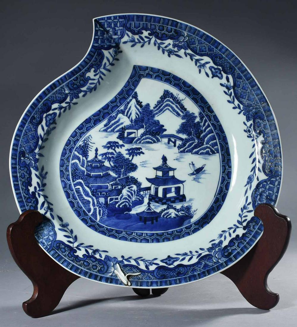 Chinese Blue & White Shaped Dish: Chinese blue and white shaped dish, Height 2", length 14", width 13 1/2"