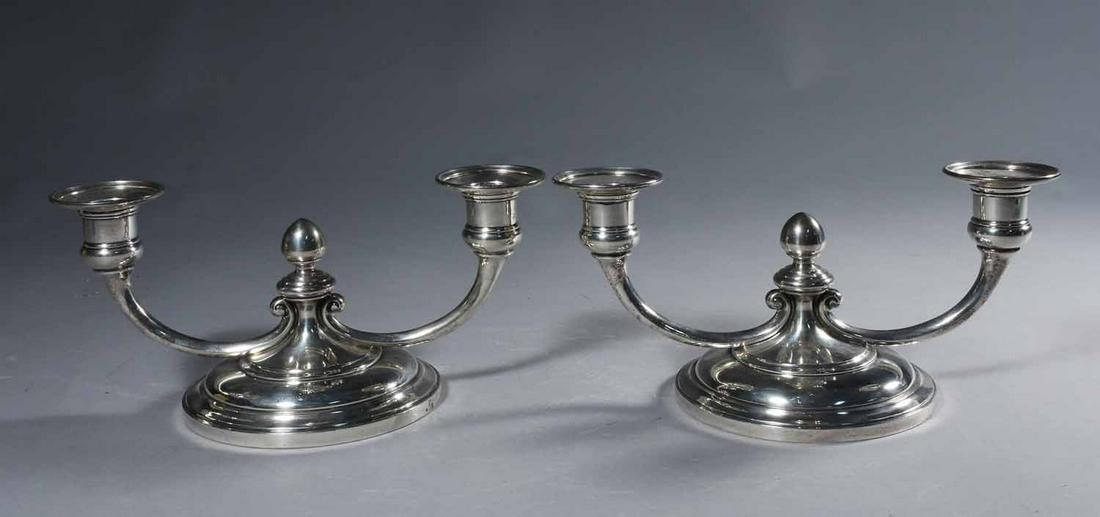 Tiffany & Co. Sterling Candelabras: Pair of Tiffany and Co. sterling candelabras, double branch low profile 5"H x 9.75"W, 34.5 T. Oz.