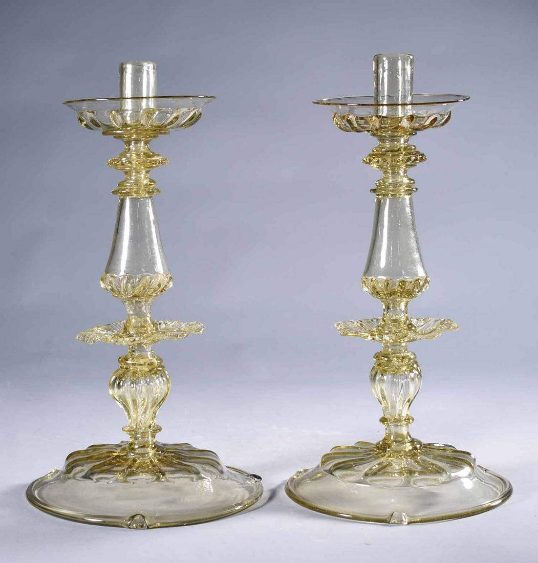 Pair of Murano Glass Citron-Colored Large Candle: Pair of Murano Glass Citron-Colored Large Candle Sticks, 20th C. With removable bobeshes. Height 15 3/4", diameter of base 8 1/2"
