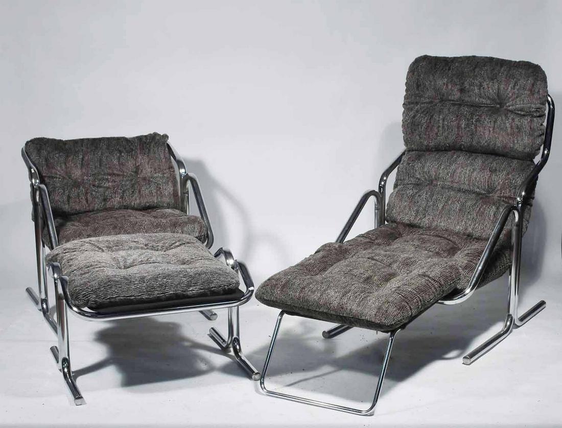 Retro tubular frame lounge chair with matching chair &: Retro tubular frame lounge chair with fold up foot rest along with matching chair and ottoman, upholstered with a soft grey fabric, 3 pieces, Ca. 1970’s-80’s