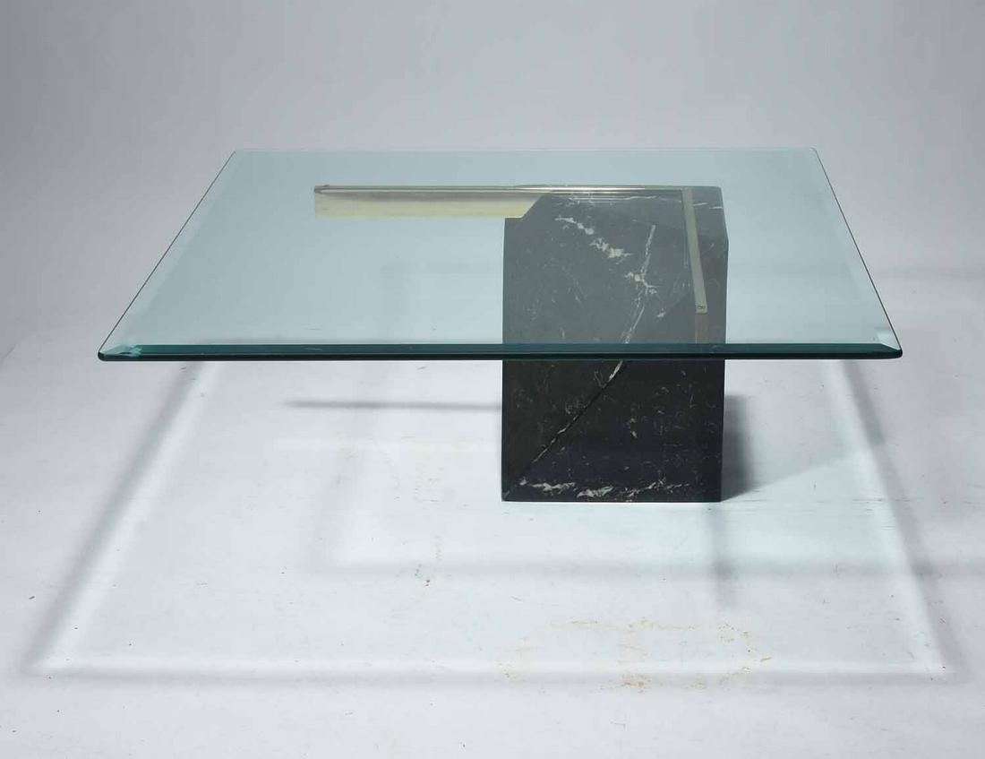 Artedi (Italian) geometric black marble coffee table,: Artedi (Italian) geometric black marble coffee table, circa 1970. With clear glass top and plated metal supports, height 16", top 39" x 39"