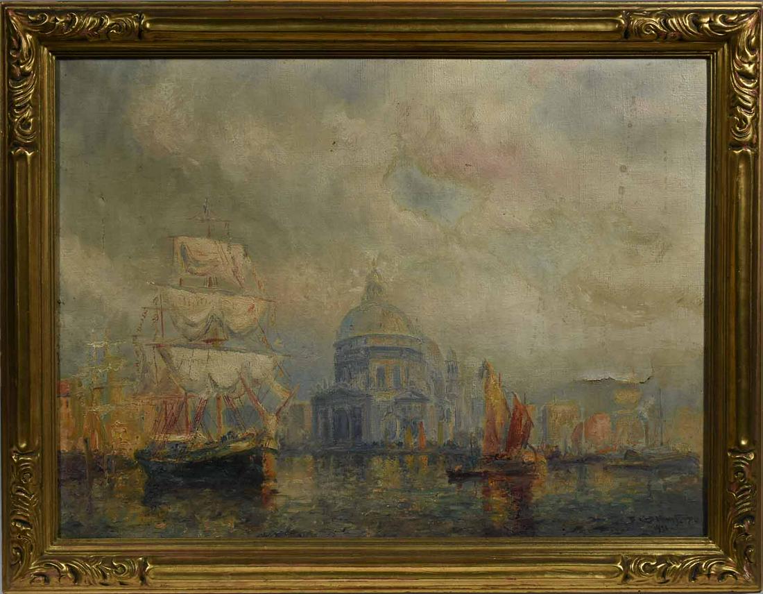 Frederick Leo Hunter Oil on canvas: Frederick Leo Hunter (American, 1858 - 1943). Venice Canal Harbor Scene, 1931. Oil on canvas, signed "F. L. Hunter / 31" l.r., 18" x 24. Housed in a Newcomb-Macklin molded gilt wood frame 22" x 28"