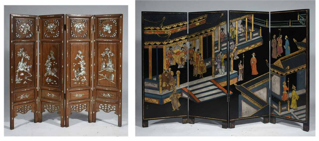Two Asian Four-Panel Screens: Two Asian Four-Panel Screens, smaller wood example with MOP inlays, 39 1/2" H x 40" W, larger coromandel example with court scene, 42” X 64” (16” panels)