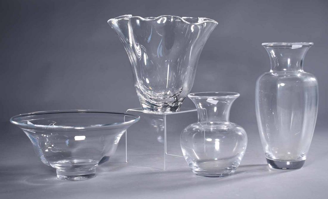 Simon Pearce Glass Inc. (Windsor, Vermont) & Steuben: Simon Pearce Glass Inc. (Windsor, Vermont) and Steuben Glass Works (Corning, New York), group of four modern clear glass pieces, late 20th century. Including a bowl and two vases, each signed "Simon P