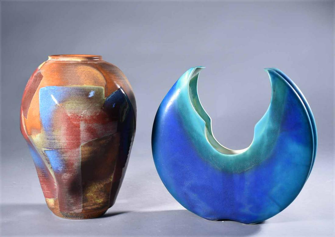 Large size art pottery vase along with other wave form: Large size art pottery vase, signed Abreschviller, 13” H X 9” W along with other wave form center piece, unsigned 12.5” W X 13” W, two pieces