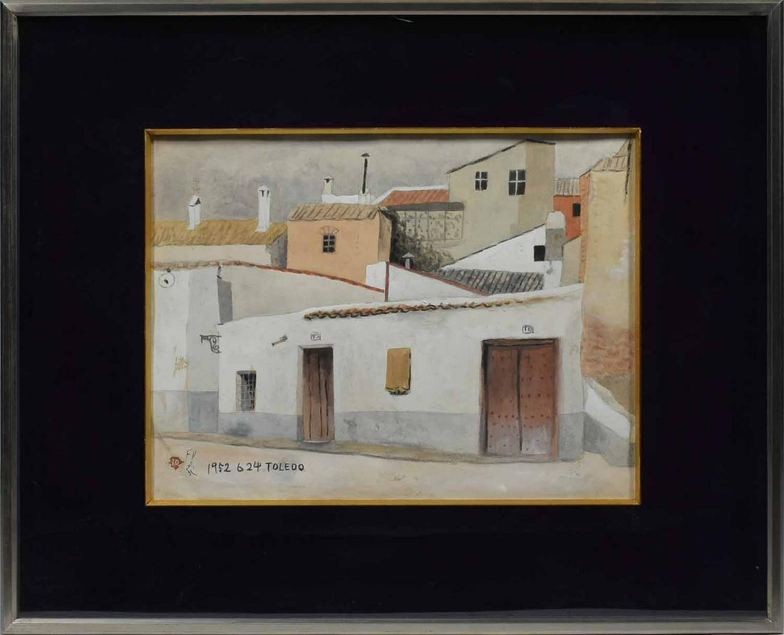 Signed Mid-Century Cityscape, Spain, Asian artist.: Signed Mid-Century Cityscape, Spain, Asian artist. 624 Toledo, 1952. Watercolor and gouache on paper, signed, dated, and titled l.l. Sight 12 1/2" x 16 1/4", frame 21 3/8" x 26"