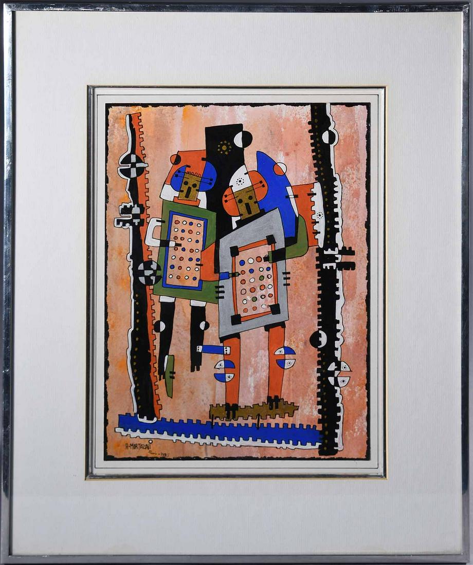 H. Mortazavi (French, contemporary). Acrylic on paper: H. Mortazavi (French, contemporary). Abstract Figures, 1985. Acrylic on paper, signed "H. MORTAZAVI / Paris 1985" l.l. Image size 12 3/4" x 9 1/2", frame 20" x 16 1/2"