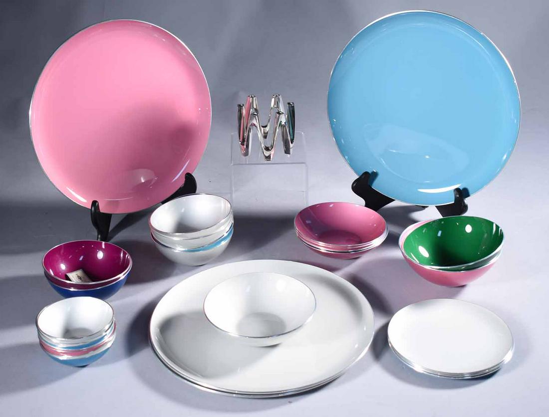 Emalox Norway group of twenty-six enamel bowls and: Emalox Norway group of twenty-six enamel bowls and plates, mid 20th century. Each with Emalox Norway label on bottom. Including 4 dinner plates 12 1/4", 3 side plates 6 1/2", 3 bowls 6", 4 bowls 5 1/2