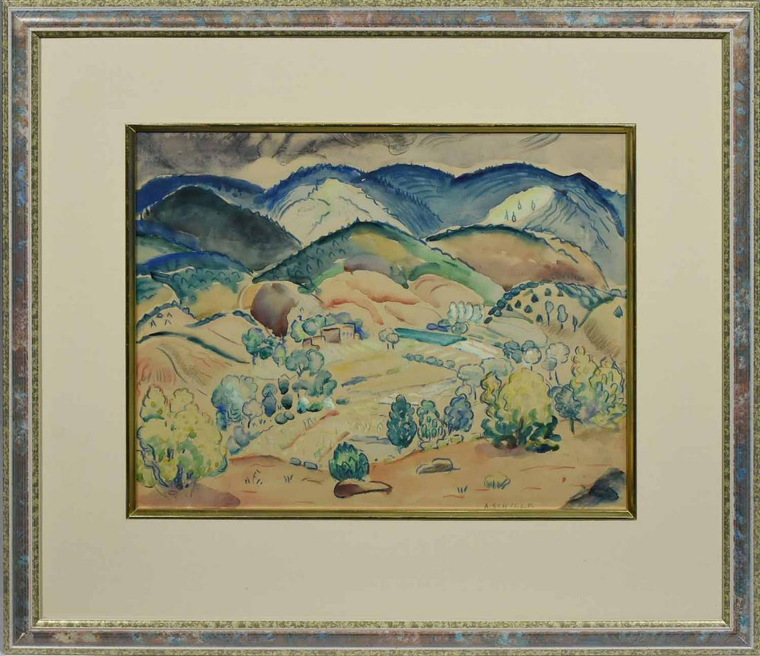 ALICE SCHILLE, CA. 1920-40, W/C, SANGRE DE CRISTO MT.: ALICE SCHILLE, CA. 1920-40, W/C, SANGRE DE CRISTO MT. RANGE, NM. Signed "A. SCHILLE" l.r. Family records note that this painting is of the Sangre de Cristo mountains from Helene Wurlitzer's home in Ta