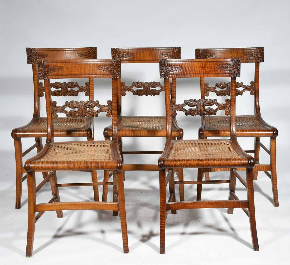 SET OF 5 FEDERAL TIGER MAPLE CHAIRS: ca 1825-35, with carved backs, saber legs and cane seats older finish and medium to strong tiger maple, 34”back H x 17”W x 17.5” seat H. 