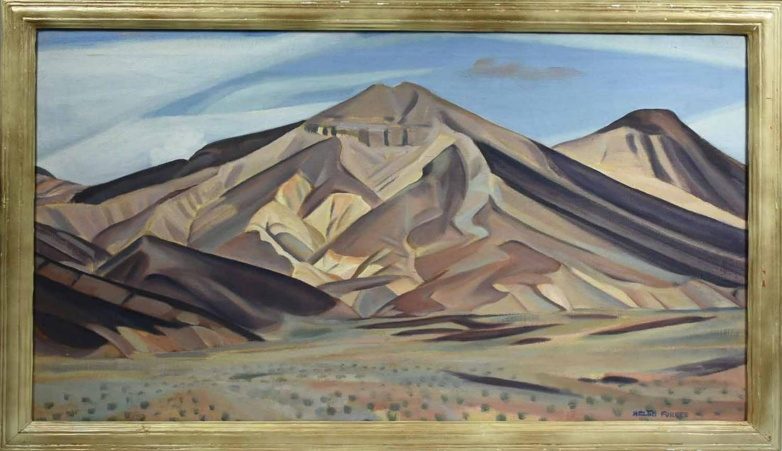 HELEN FORBES, MID 20TH C., O/C, “MESA LAND”: Signed “HELEN FORBES” l.r. The reverse with old Oakland Art Museum label denoting artist, title, and accession number, 24” x 40”, frame 27 3/4” x 43 1/2”.