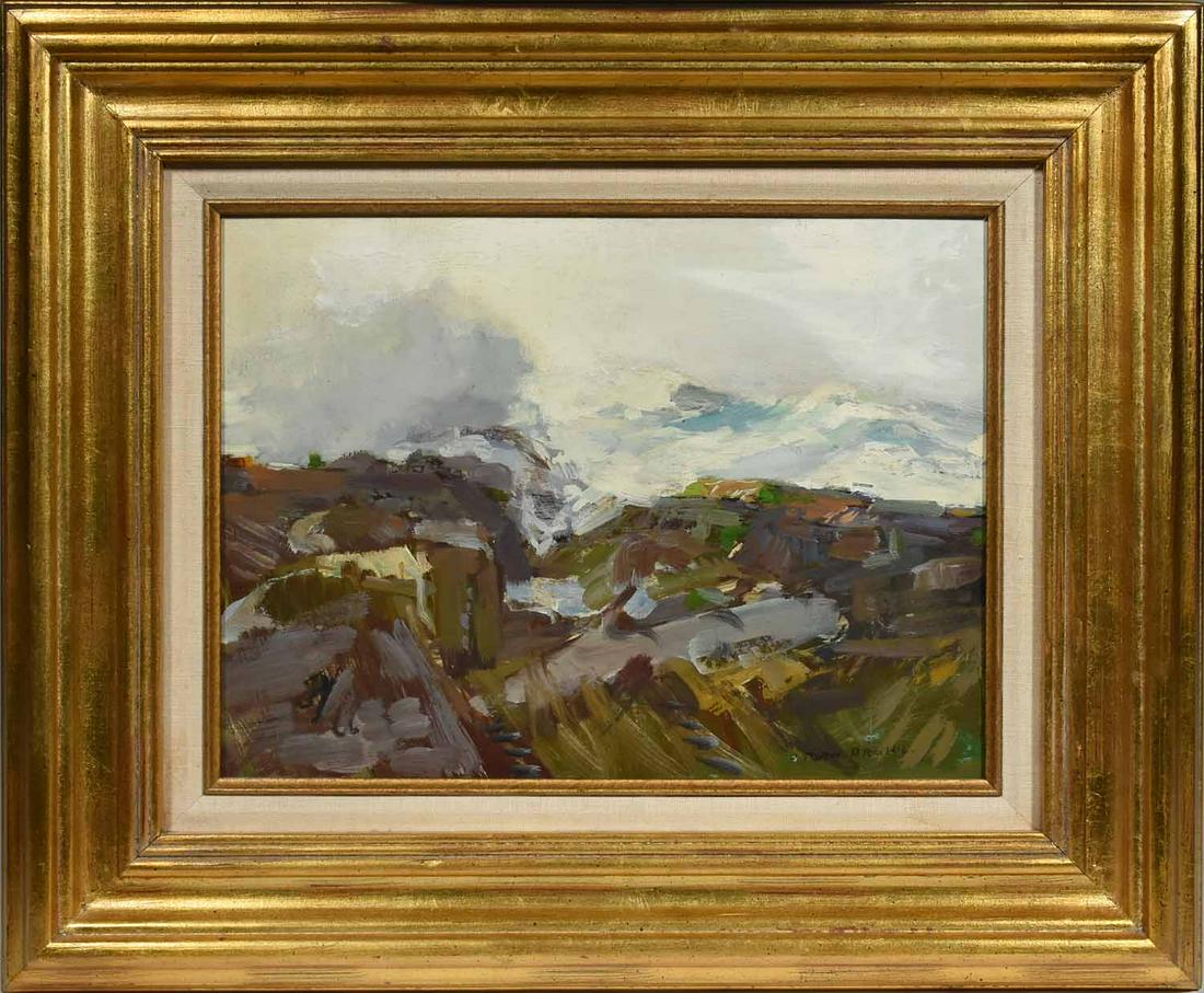 JAY CONNAWAY, EARLY-MID 20TH C., O/B, “STORM: Abstract coastal scene, possibly Monhegan Island, ME. Titled “STORM BRUING” l.r. The masonite board 11 3/4” x 16”, frame 20 1/4” x 24 1/4”. The painting together wi