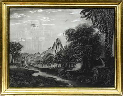 LATE 19TH C. SANDPAPER DRAWING, ALLEGORICAL EXOTIC: American School, 20” x 24 1/4”, frame 22 3/4” x 27 1/2”. 