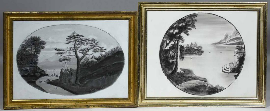 MID-LATE 19TH C. SANDPAPER DRAWINGS, PAIR OF ROUNDEL: American School, the first with three gentleman in top hats by a river, image 12 1/4” x 17 3/4”, frame 16 3/4” x 22”. The second lake vista with classical style veranda, image 