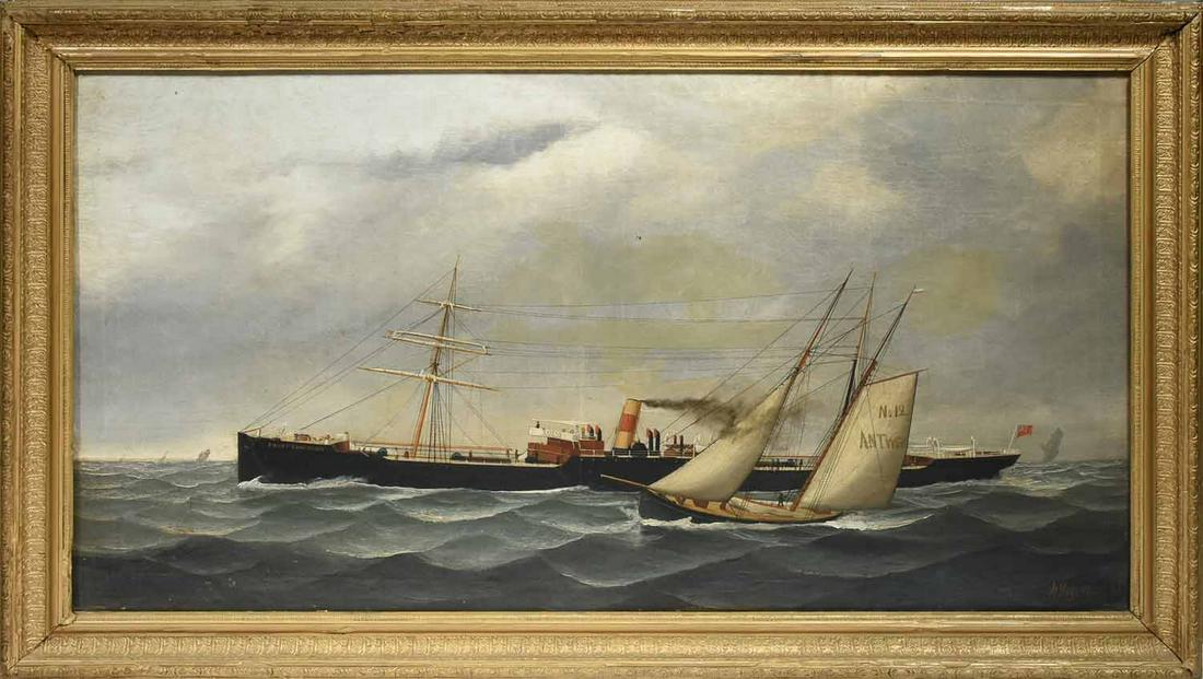 JOHN HENRY MOHRMANN, 1888, O/C, BRITISH STEAMSHIP,: Signed and dated “H. Morhman 88” l.r., appears to retain period frame, stretcher, and keys. Canvas unlined , frame 26” x 44”. 