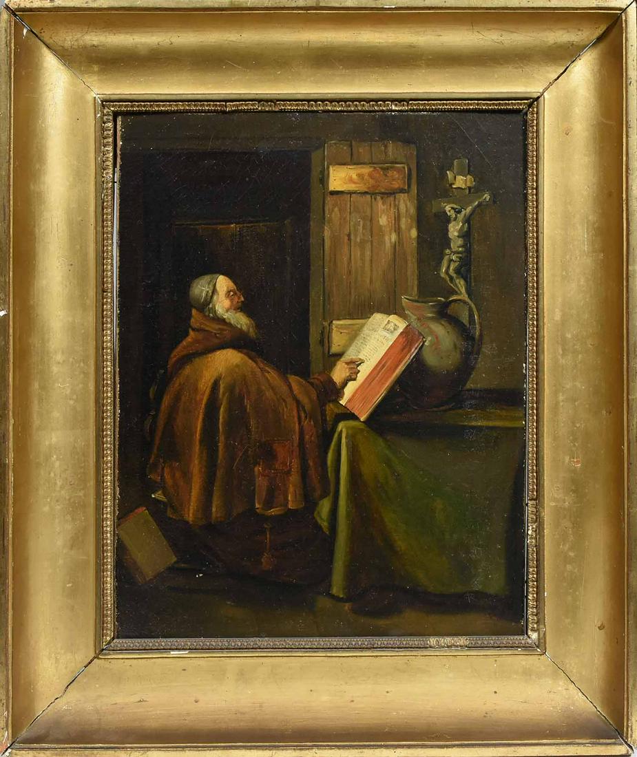 LATE 19TH C., O/B, EUROPEAN SCHOOL, THE STUDIOUS MONK: The artist board 14 3/8" X 11 1/8", frame 19 1/2” x 16 1/2”.