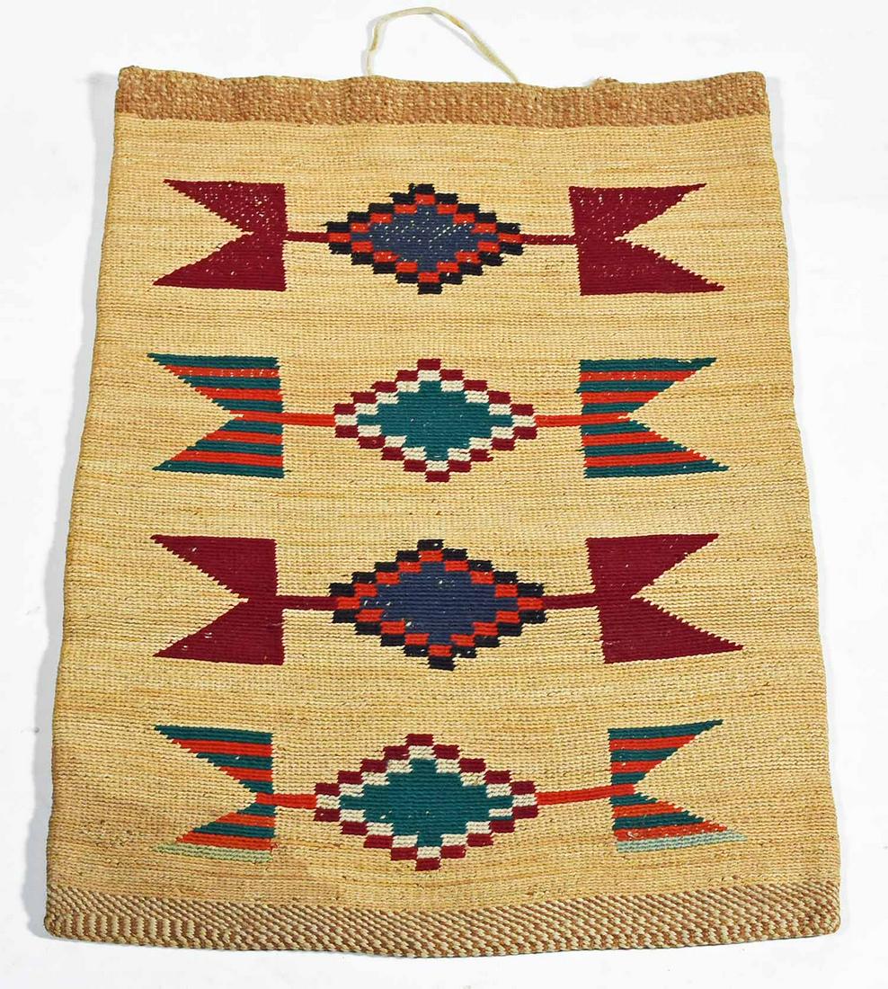 ANTIQUE NATIVE AM./ NEZ PERCE CORN HUSK BAG: Bright woven dyed wool geometric motifs, 19 1/2” X 13 1/2”. 