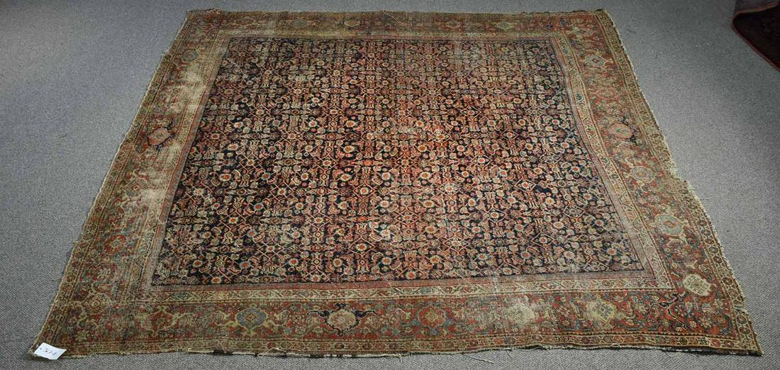 ANTIQUE ROOMSIZE ORIENTAL RUG: ANTIQUE ROOMSIZE ORIENTAL RUG. Unique size, heavy wear. 9’6” x 9’11”