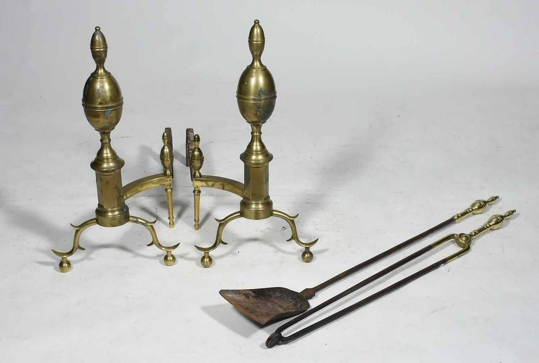 19TH C. NY FEDERAL BRASS ANDIRONS & TOOLS: 19TH C. NY FEDERAL BRASS ANDIRONS & TOOLS. Double lemon tops on ball feet with matching tools. Andirons, 24” H x 24” D - Tools, 34” H 