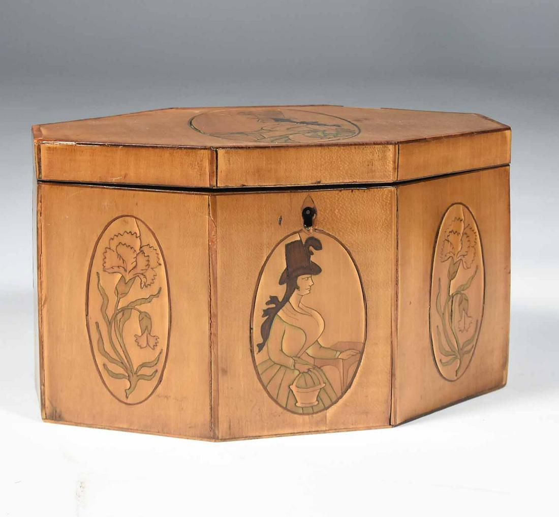 19TH C. INLAID SATINWOOD OCTAGONAL TEA CADDY (1 of 9)
