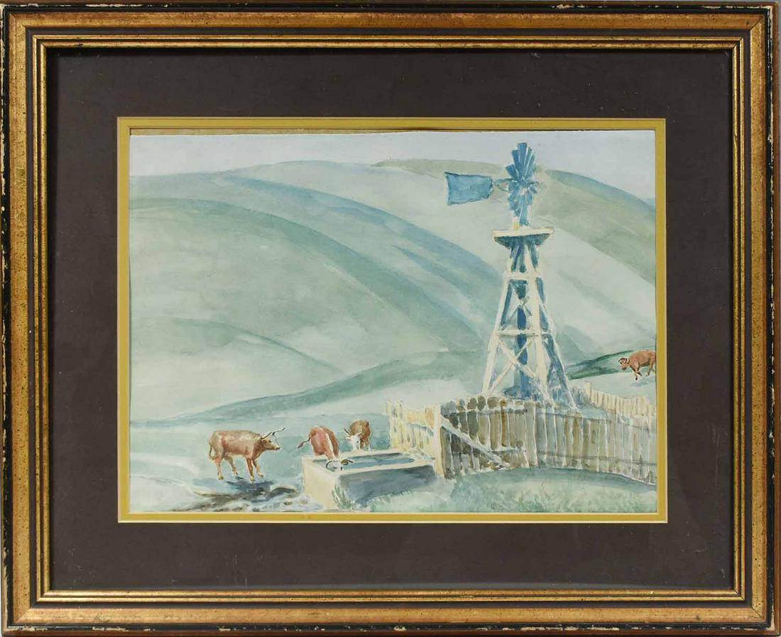 PAUL SAMPLE, MID 20TH C. W/C, COWS AT THE TROUGH (1 of 6)