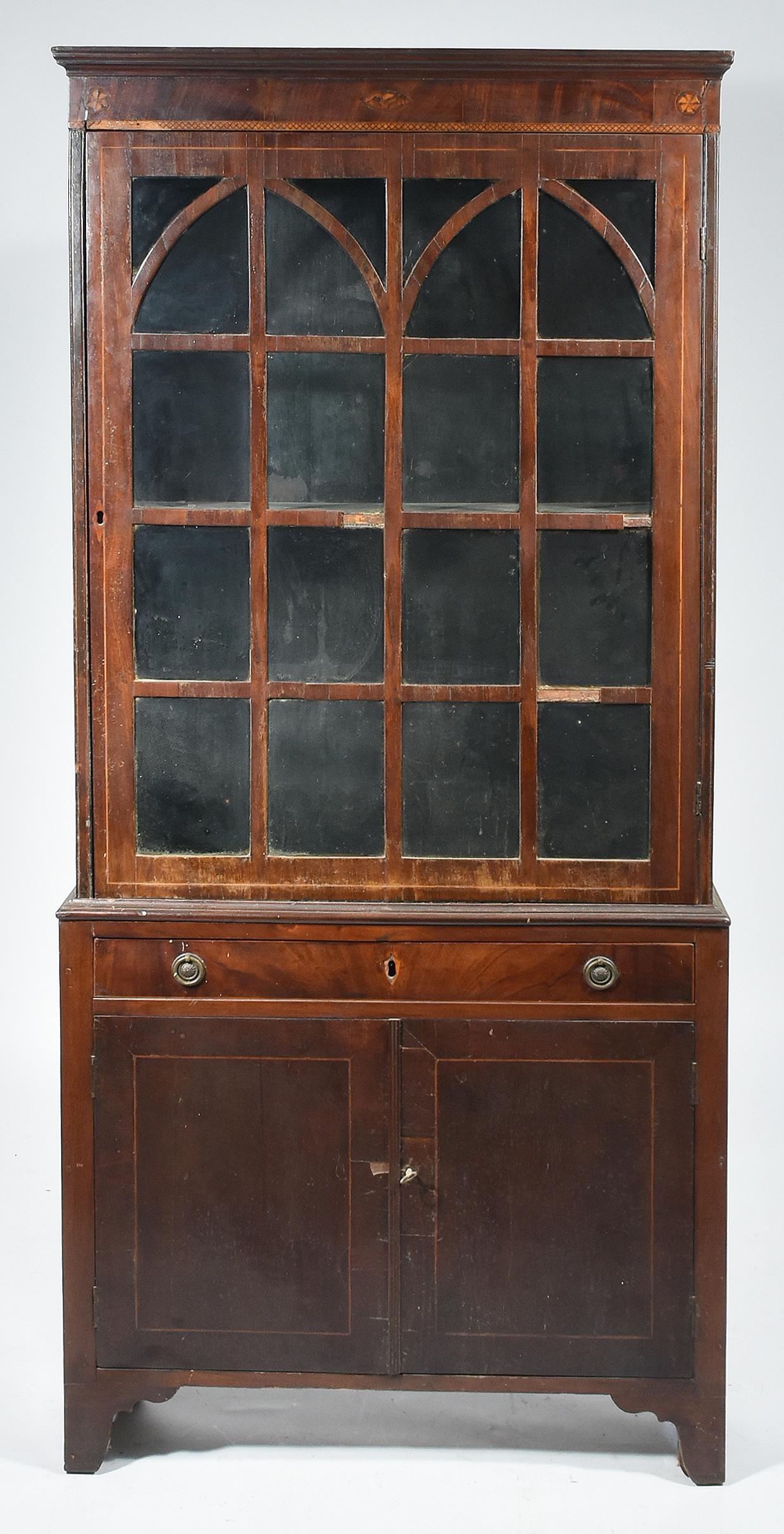 19TH C. INLAID MAHOGANY BOOKCASE: 19TH C. INLAID MAHOGANY BOOKCASE. 69” H x 31 1/2” x 9” D