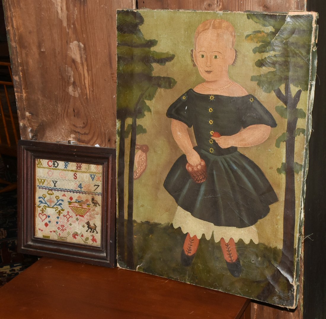 PRIMITIVE O/C PORTRAIT TOGETHER WITH A SAMPLER (1 of 8)