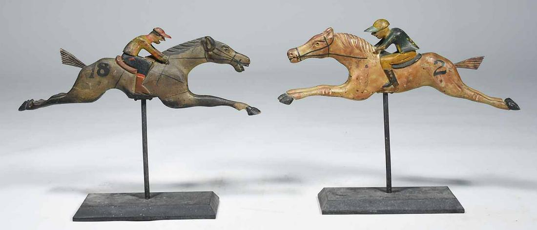 PAIR OF FOLK ART HORSE RACING TABLETOP GAME FIGURES. (1 of 4)