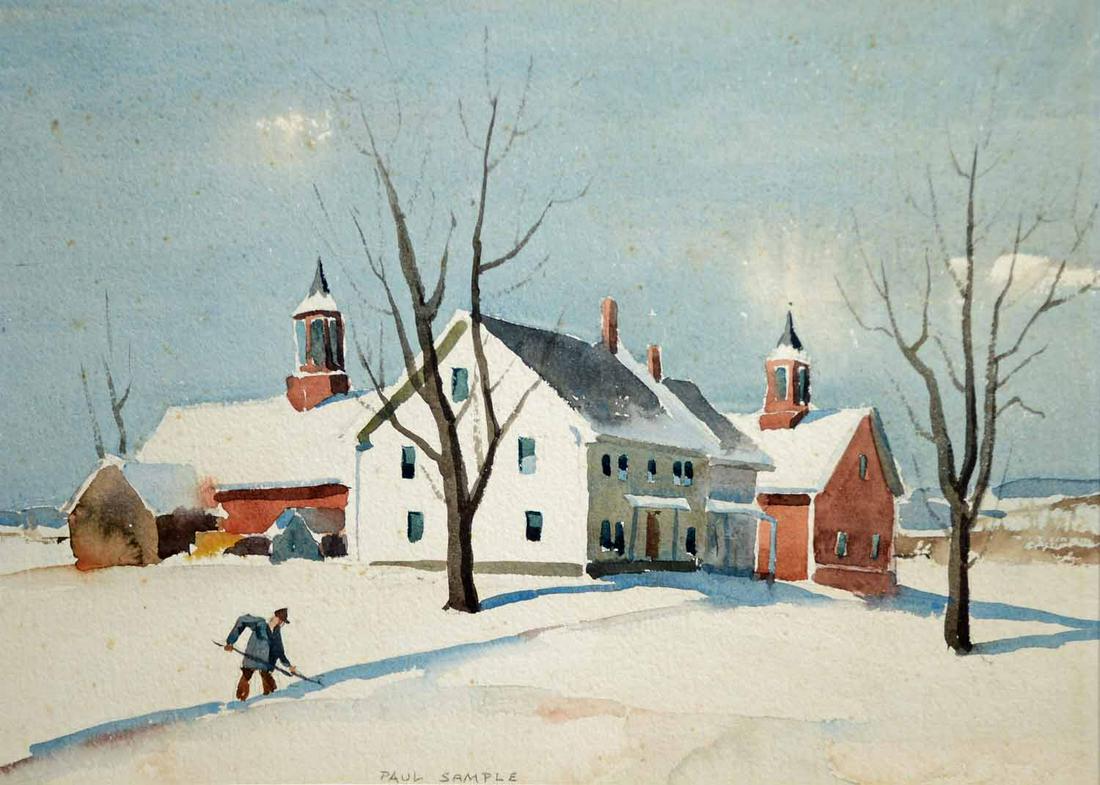 PAUL SAMPLE, MID 20TH C. W/C, FAIR AND COLDER.: Signed “Paul Sample” l.c., titled on reverse, depicting a winter landscape with man shoveling in front of farmhouse and barn, 16” x 20”, frame 19.5” x 23.5”.