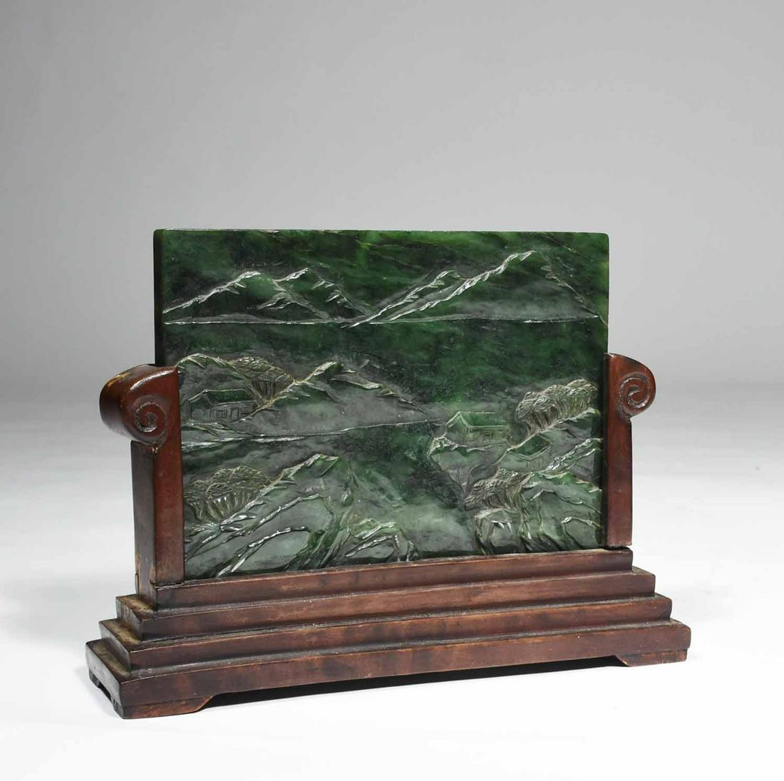 LATE 19TH C. CHINESE CARVED SPINACH JADE PLAQUE IN (1 of 5)