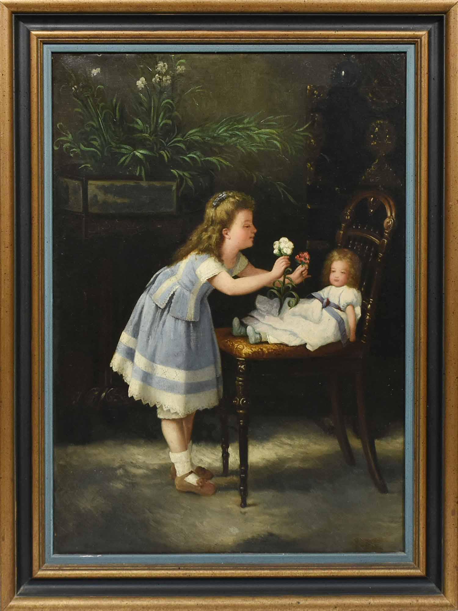 SIGNED LATE 19TH / EARLY 20TH C. O/C, GIRL PLAYING WITH (1 of 6)