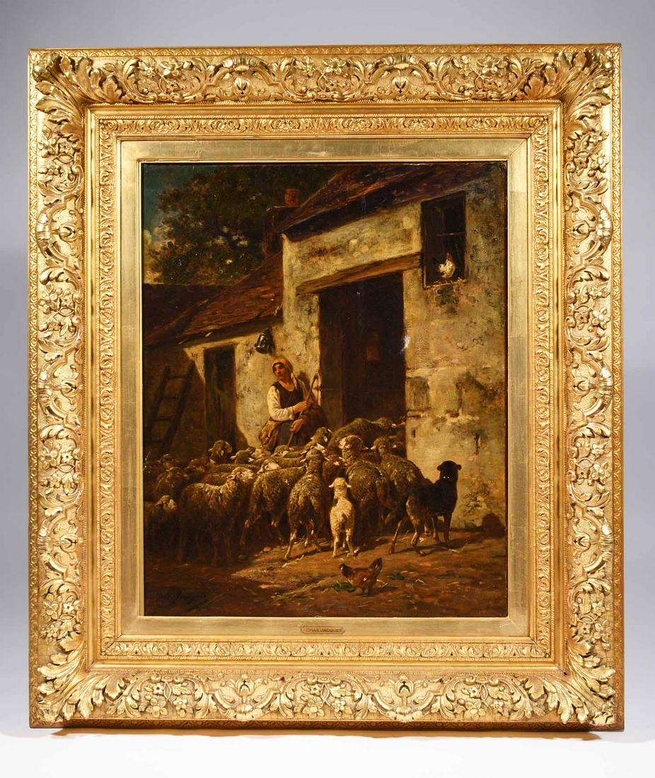 CHARLES EMILE JACQUE BARN YARD SCENE WITH SHEEP OIL ON (1 of 12)