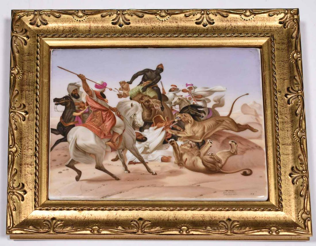 1852 SIGNED KPM PAINTED PORCELAIN, STEALING THE: Signed and dated “S.E. WOLFF p. / HABANA 1852” l.r., depicting the climactic scene of the hunt, the male lion has been wounded and the man dressed in white has fallen from his horse and po