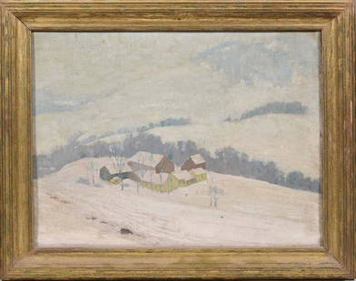 HORACE BROWN, NEW ENGLAND WINTER SCENE.  OIL ON CANVAS: Likely a Vermont landscape with red barn and yellow house. 14&#8221; H x 18&#8221; W. Framed 19&#8221; H x 22&#8221; W.