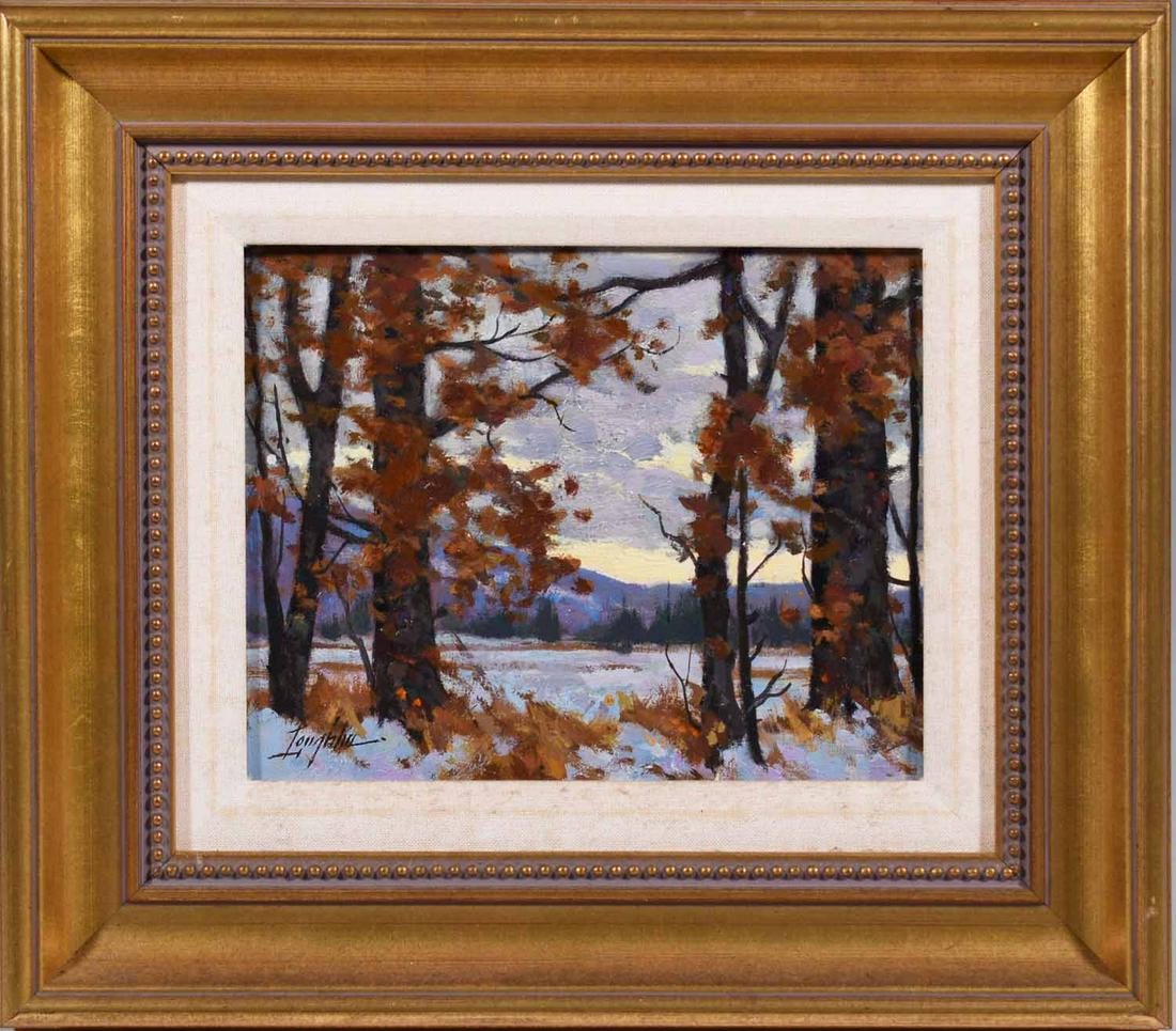 JOHN LOUGHLIN, 20TH C. O/C, WINTER LANDSCAPE AT DUSK. (1 of 4)
