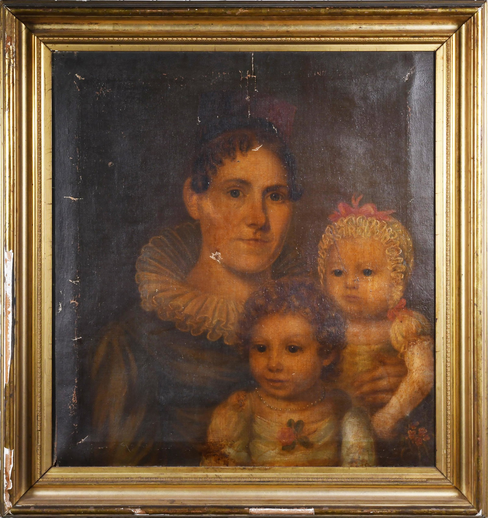 EARLY 19TH C. PORTRAIT OF MOTHER AND TWO CHILDREN. (1 of 10)