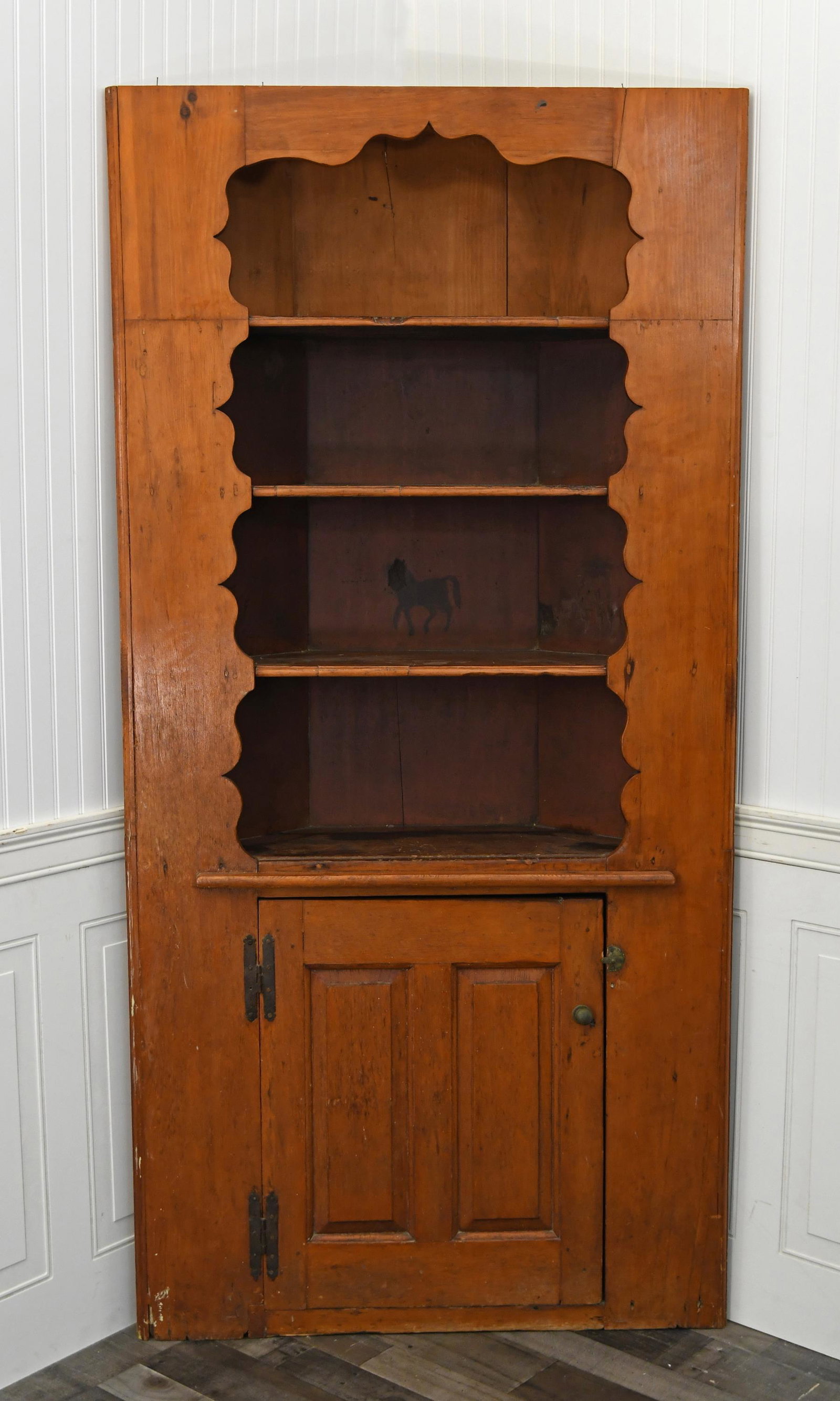19TH C. ONE-PART PUMPKIN PINE CORNER CABINET (1 of 9)