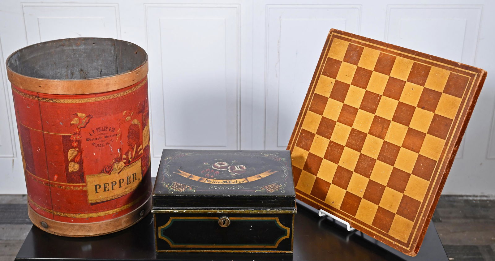 TOLEWARE DOCUMENT BOX, NELLIE M EATON, GAME BOARD, ETC. (1 of 12)