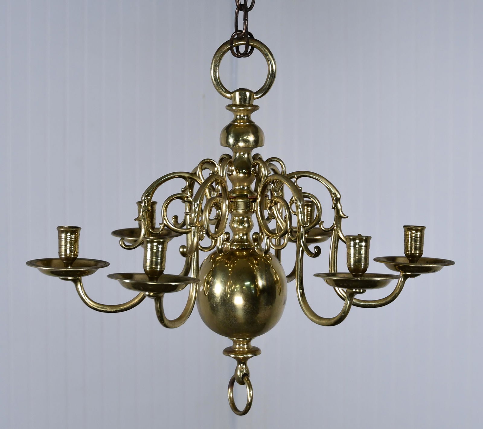 BRASS SIX BRANCH CHANDELIER, COPY OF 18TH C. DUTCH (1 of 4)
