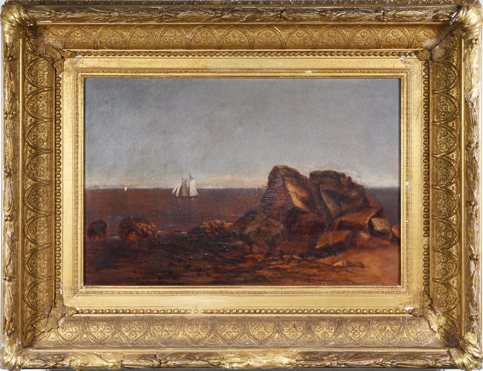 LATE 19TH C. OIL ON CANVAS SAILBOAT ALONG COASTLINE. (1 of 6)