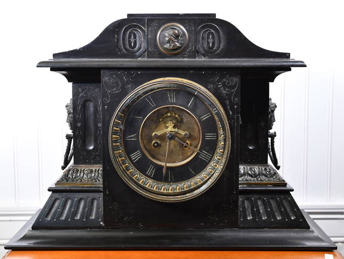 19TH C. BLACK ONYX AND BRONZE MANTLE CLOCK Aug 06, 2021 William