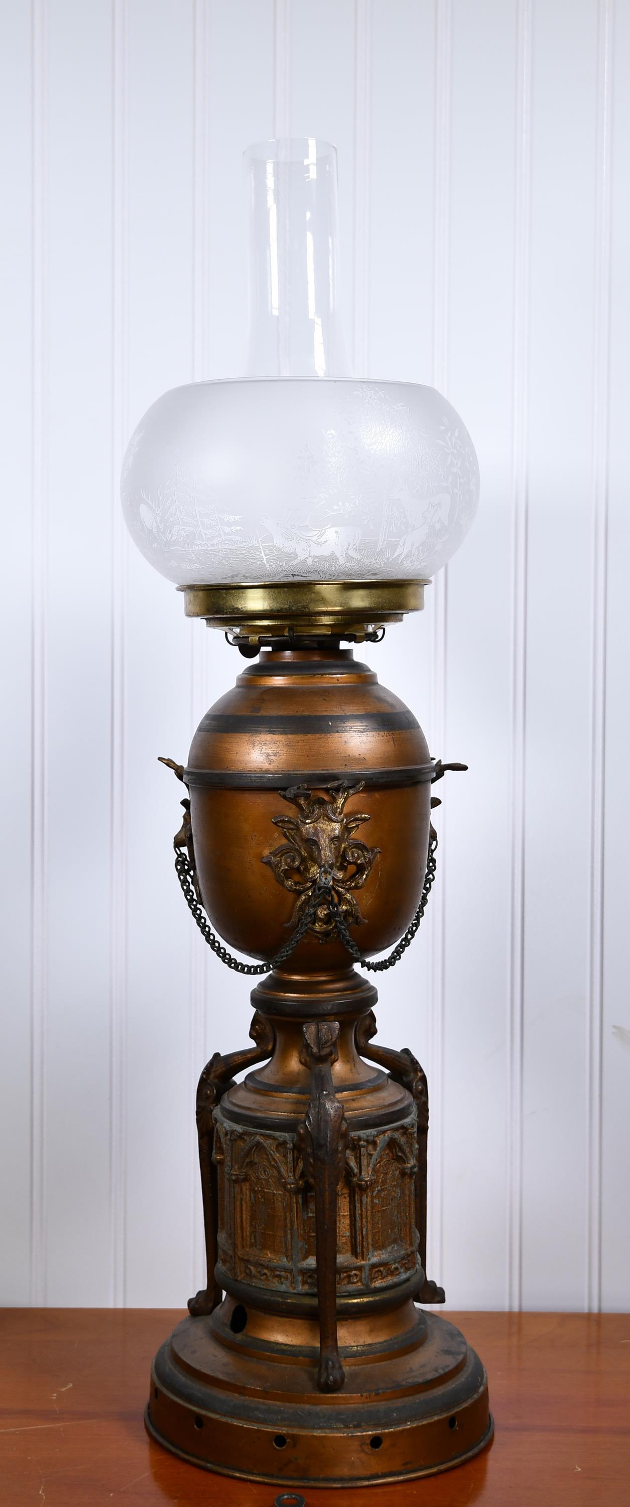 19TH C. STAG HEAD OIL LAMP WITH CLOCK WORKS (1 of 6)