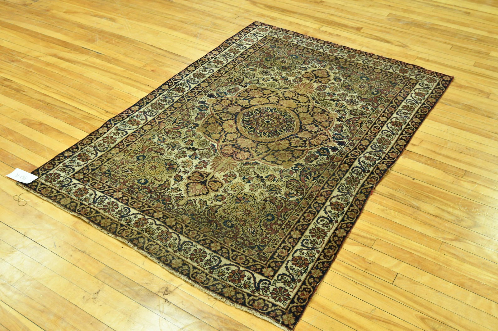 ANTIQUE PERSIAN SCATTER RUG: 4’2” x 6’1”, center medallion ivory, brown olive etc