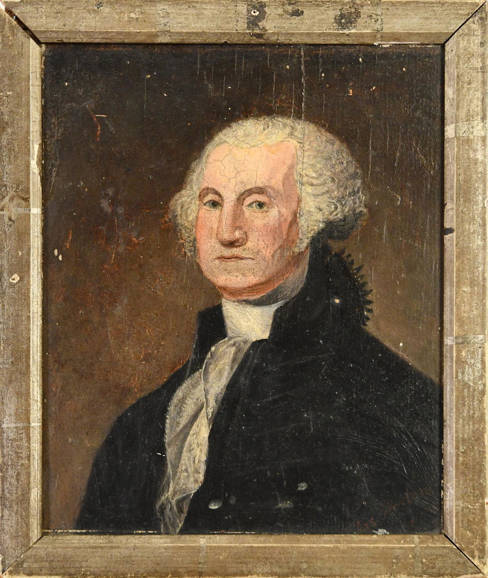OIL ON WOOD PANEL PORTRAIT OF GEORGE WASHINGTON.: Signed lower right Jas. Horton, pencil inscription on reverse, a copy of a Gilbert Stuart. 10”H x 8.25”W.