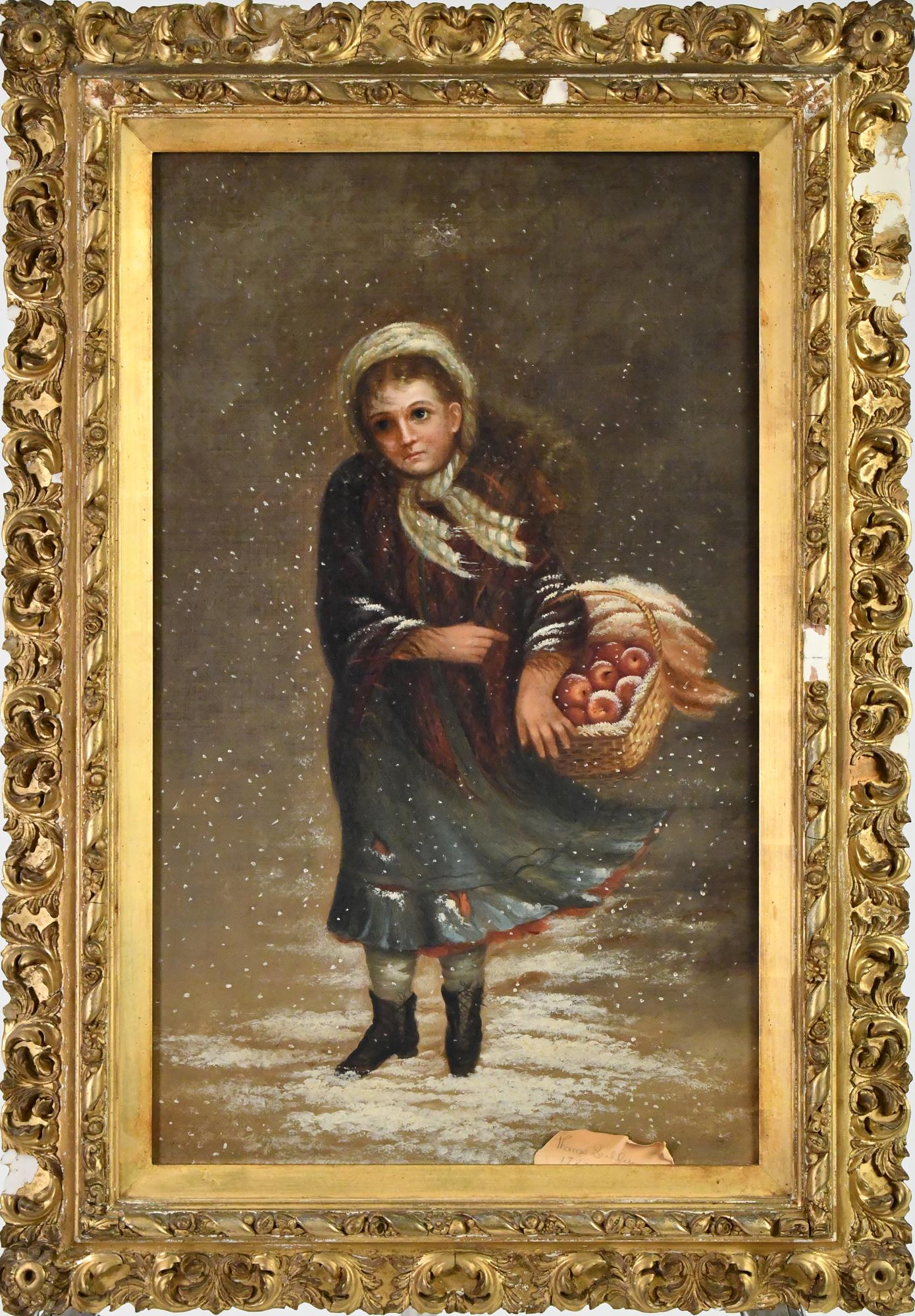 19TH C. OIL GIRL IN SNOW ATTRIB. THOMAS SULLY.: Oil on canvas depicting a young girls with a basket of apples in snow storm in a period Victorian frame, paper on reverse states Thomas Sully. Image 25”H x 15”W. Frame 32”H x 22̶
